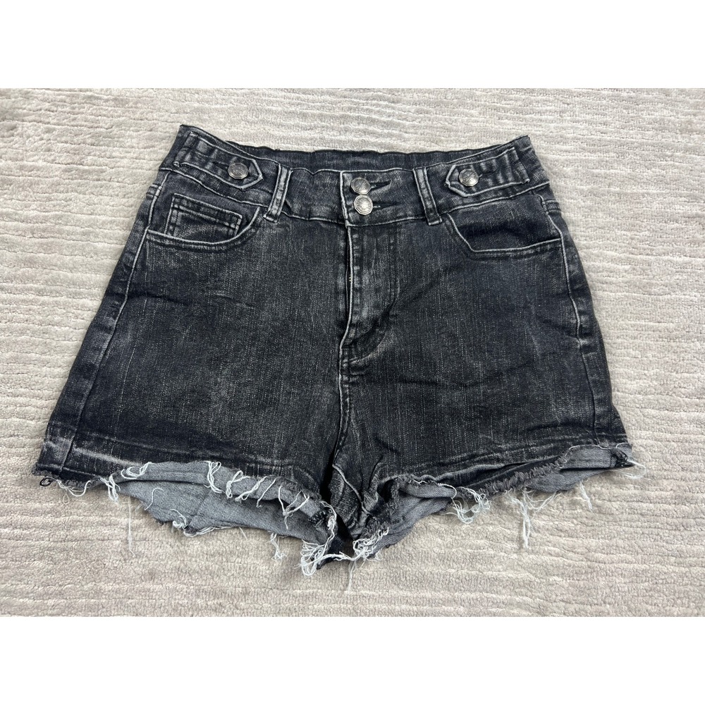 Train Denim Shorts Womens Medium Black High Rise Cut Off Frayed Western Buttons